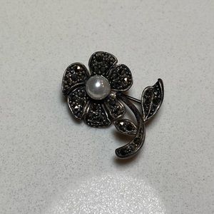Silver, marcasite and pearl flower pin